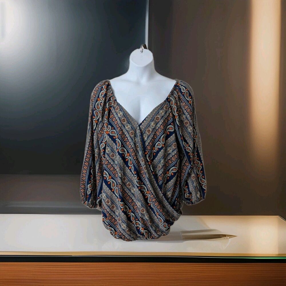 Bloomchic Sz 22-24 Blue Orange Retro Boho Paisley Bandana Surplice Blouse Top